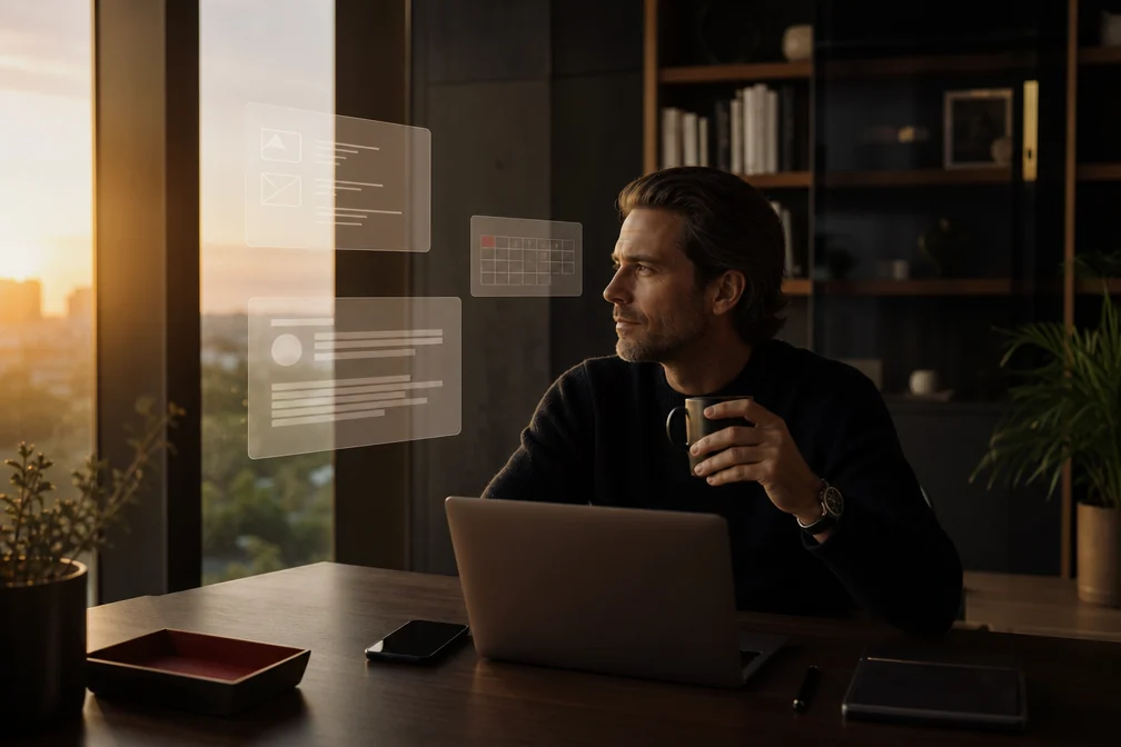 A founder calmly reviewing an AI-assisted morning briefing